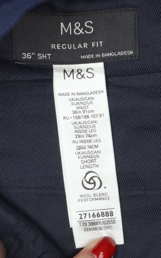 M&S Mens Blue 36in Regular Fit Wool Blend Dress Trousers 29in Short