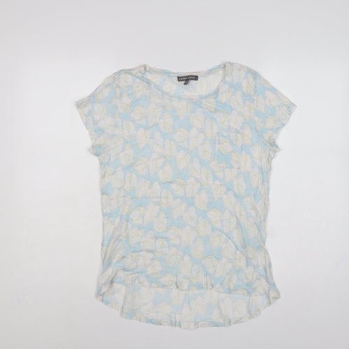 Laura Ashley Women Blue Floral Linen Basic Short Sleeve Top UK 12