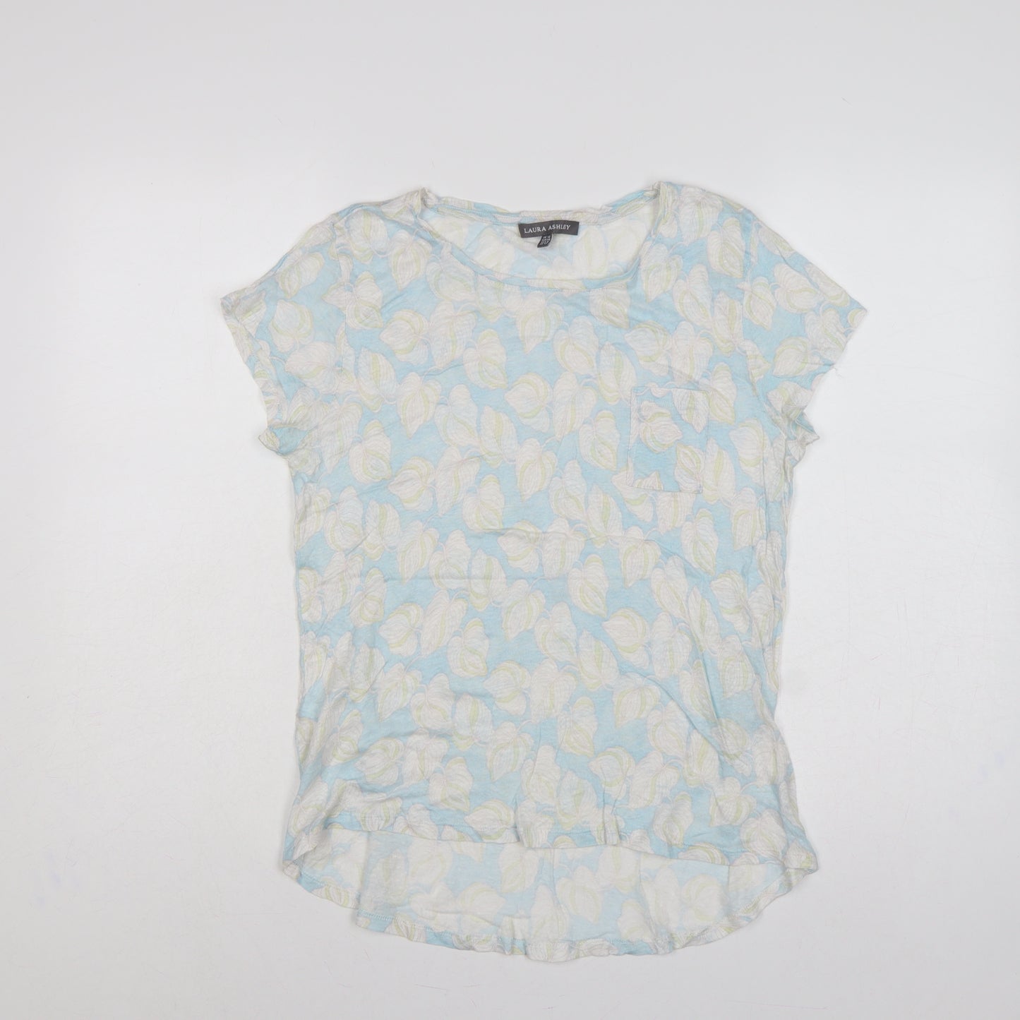 Laura Ashley Women Blue Floral Linen Basic Short Sleeve Top UK 12