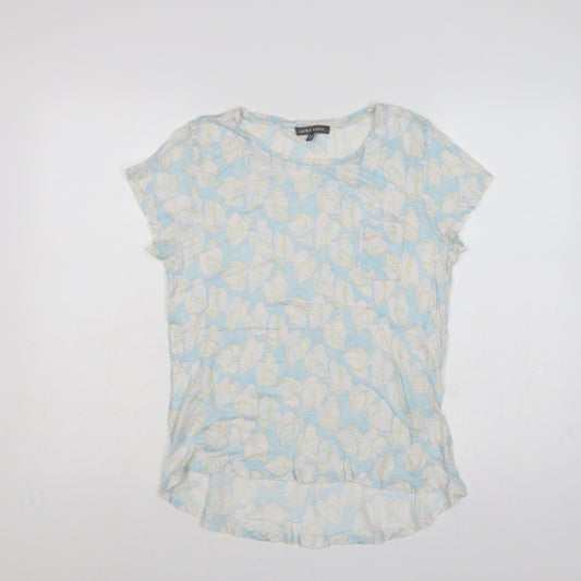 Laura Ashley Women Blue Floral Linen Basic Short Sleeve Top UK 12