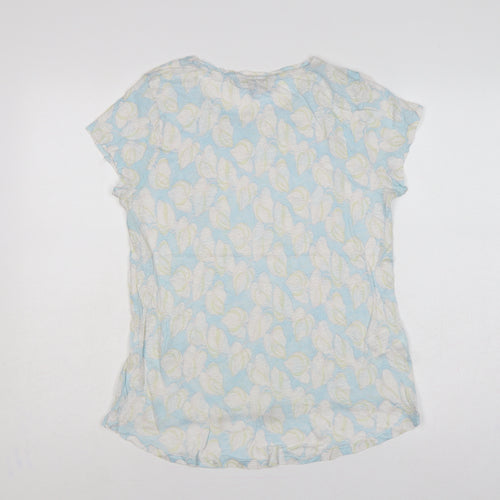 Laura Ashley Women Blue Floral Linen Basic Short Sleeve Top UK 12