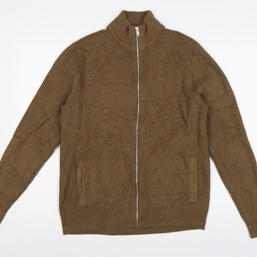 Marks and Spencer Men Brown M Full Zip High Neck Knit Jumper