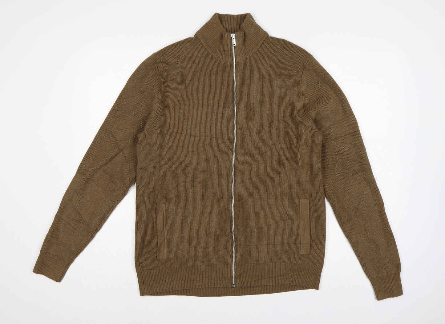 Marks and Spencer Men Brown M Full Zip High Neck Knit Jumper