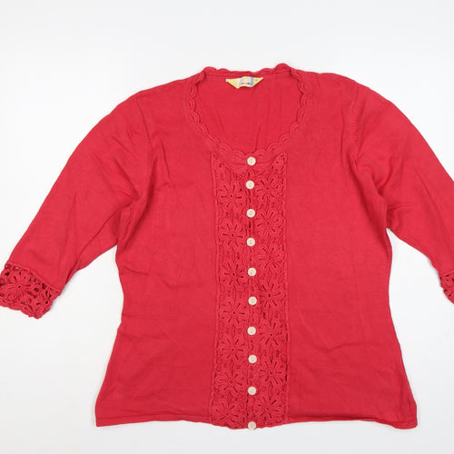 Alice Collins Women Red Size 18 Cotton Crochet Button Cardigan