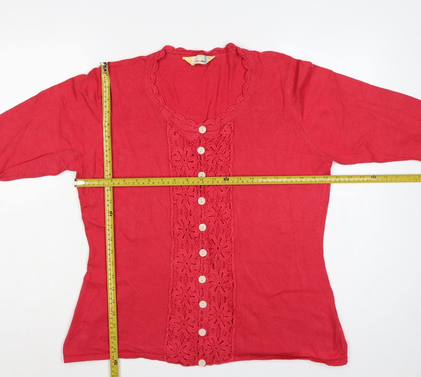 Alice Collins Women Red Size 18 Cotton Crochet Button Cardigan