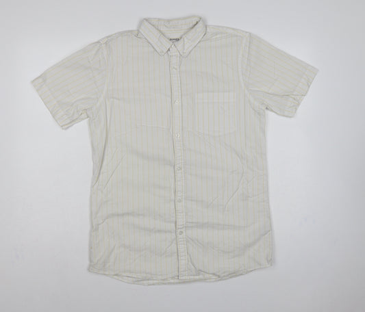 Front view of Dunnes Men White Yellow Stripe Slim Fit M Short Sleeve Shirt