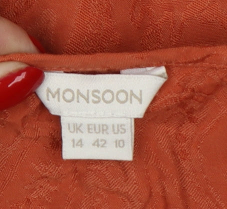 Monsoon Women Orange UK 14 Floral Jacquard Button-Up Long Sleeve Blouse