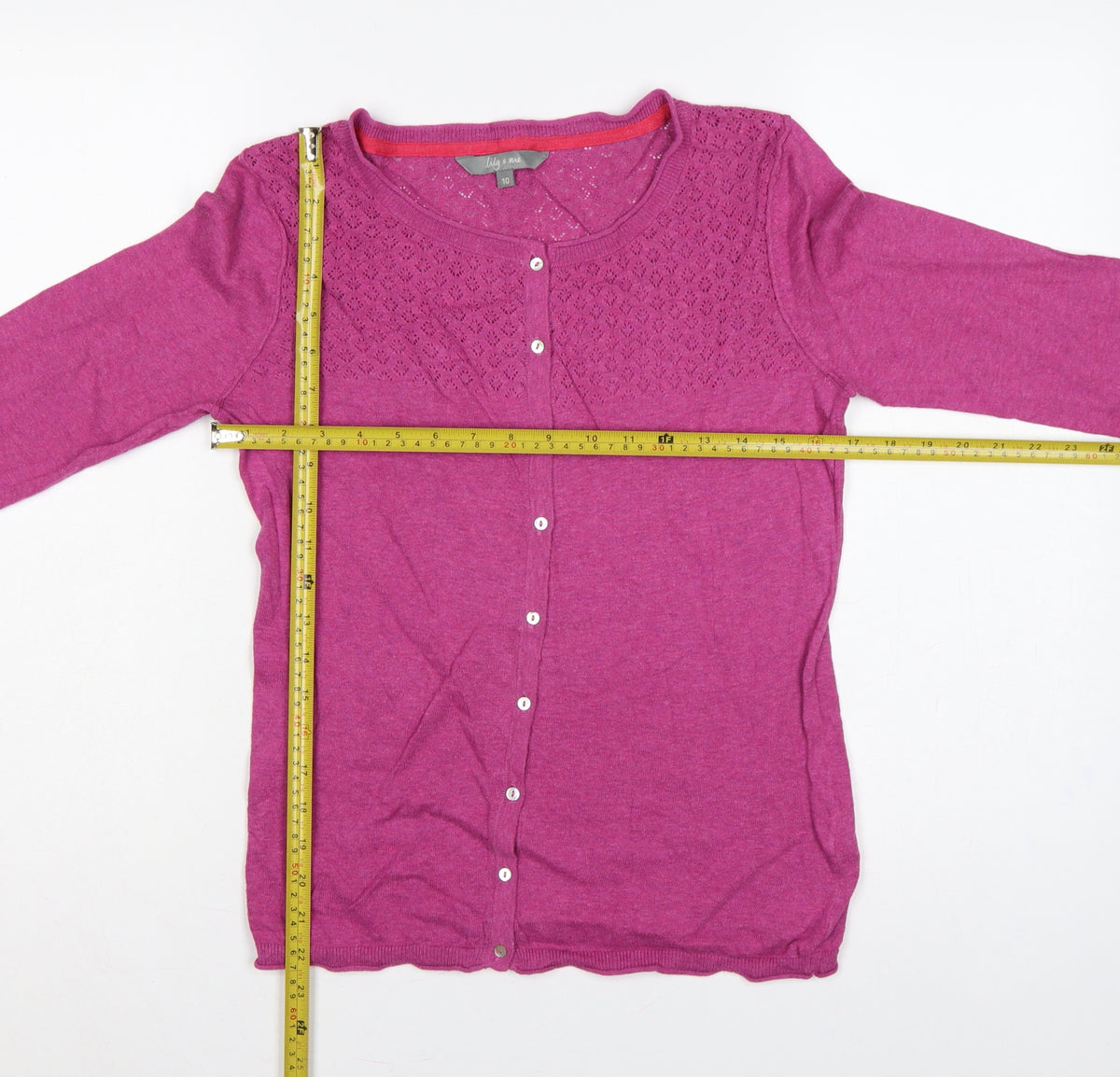Close-up detail of Lily & Me Women’s Pink, size UK 10, Open Knit Button Cardigan