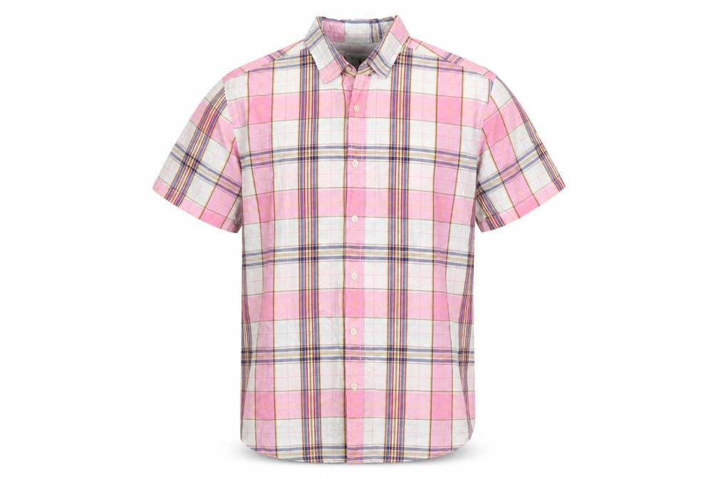 Front view of Jasper Conran Men Pink L Plaid Short Sleeve Button-Up Casual Shirt