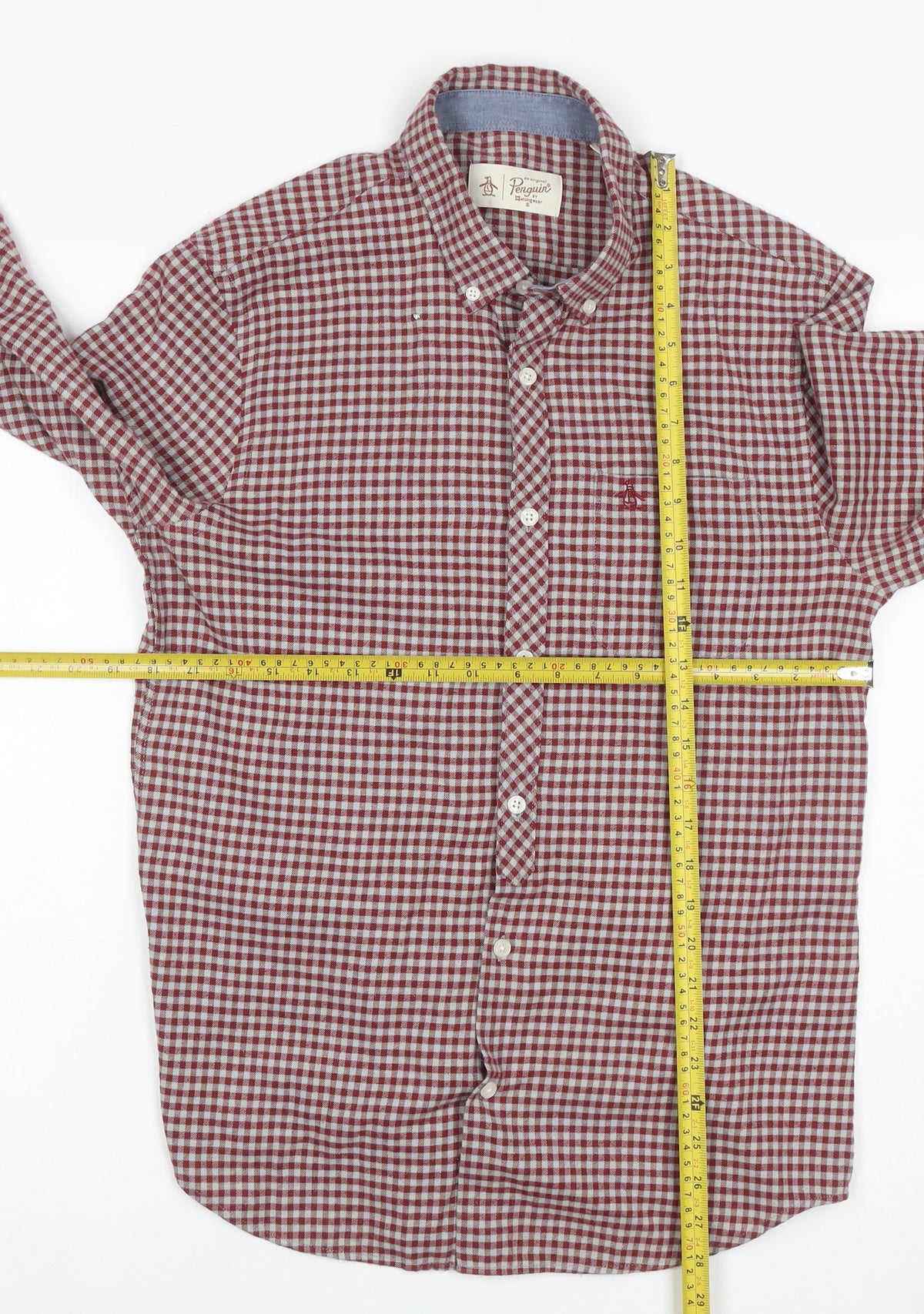 Brand and care label for Original Penguin Men’s Red Check Button-Down Shirt M Long Sleeve