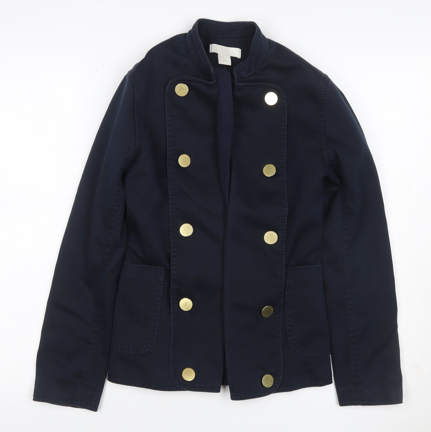 H&M Women’s Navy Military Jacket UK 4 Cotton Gold Snap Buttons
