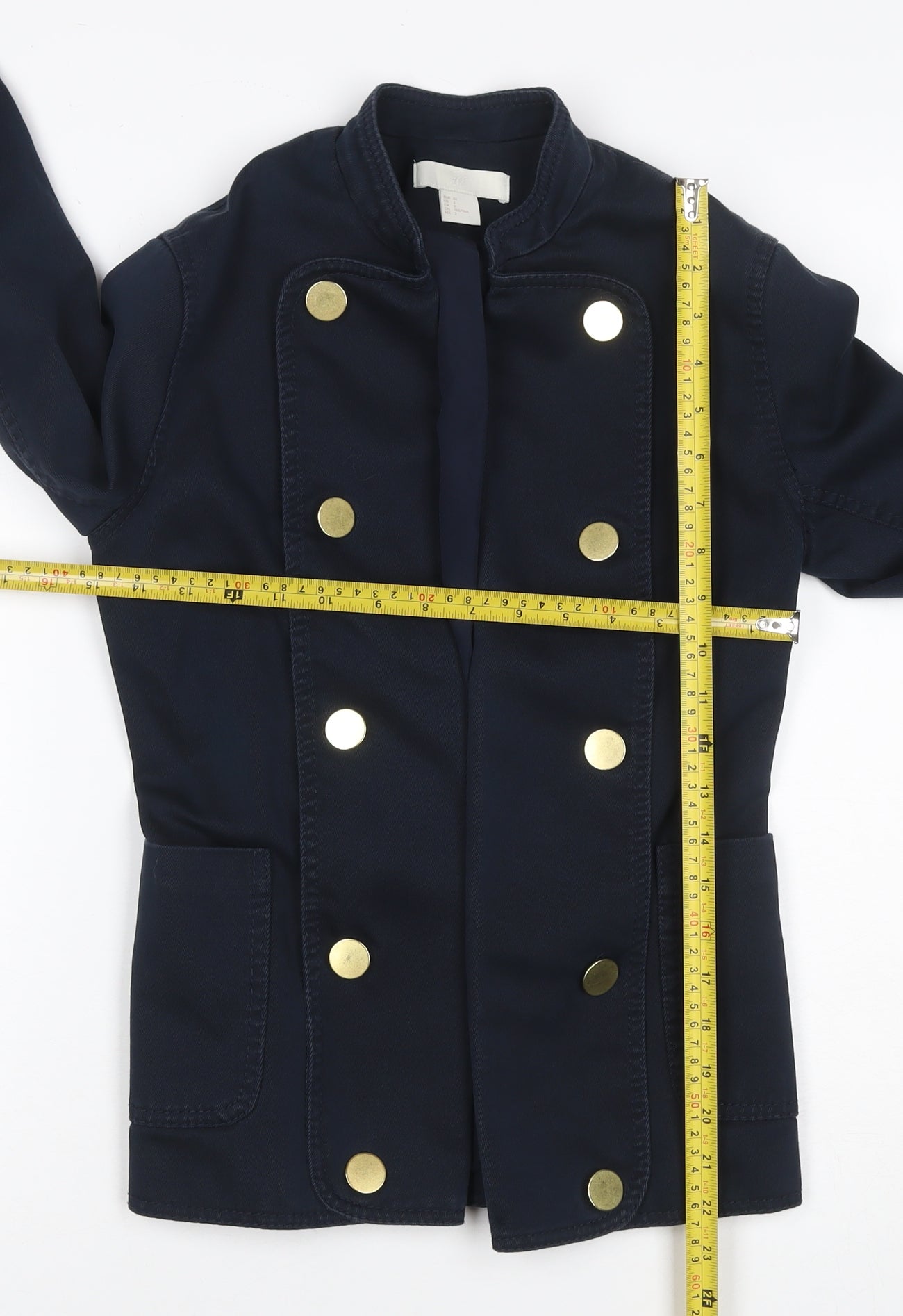 H&M Women’s Navy Military Jacket UK 4 Cotton Gold Snap Buttons