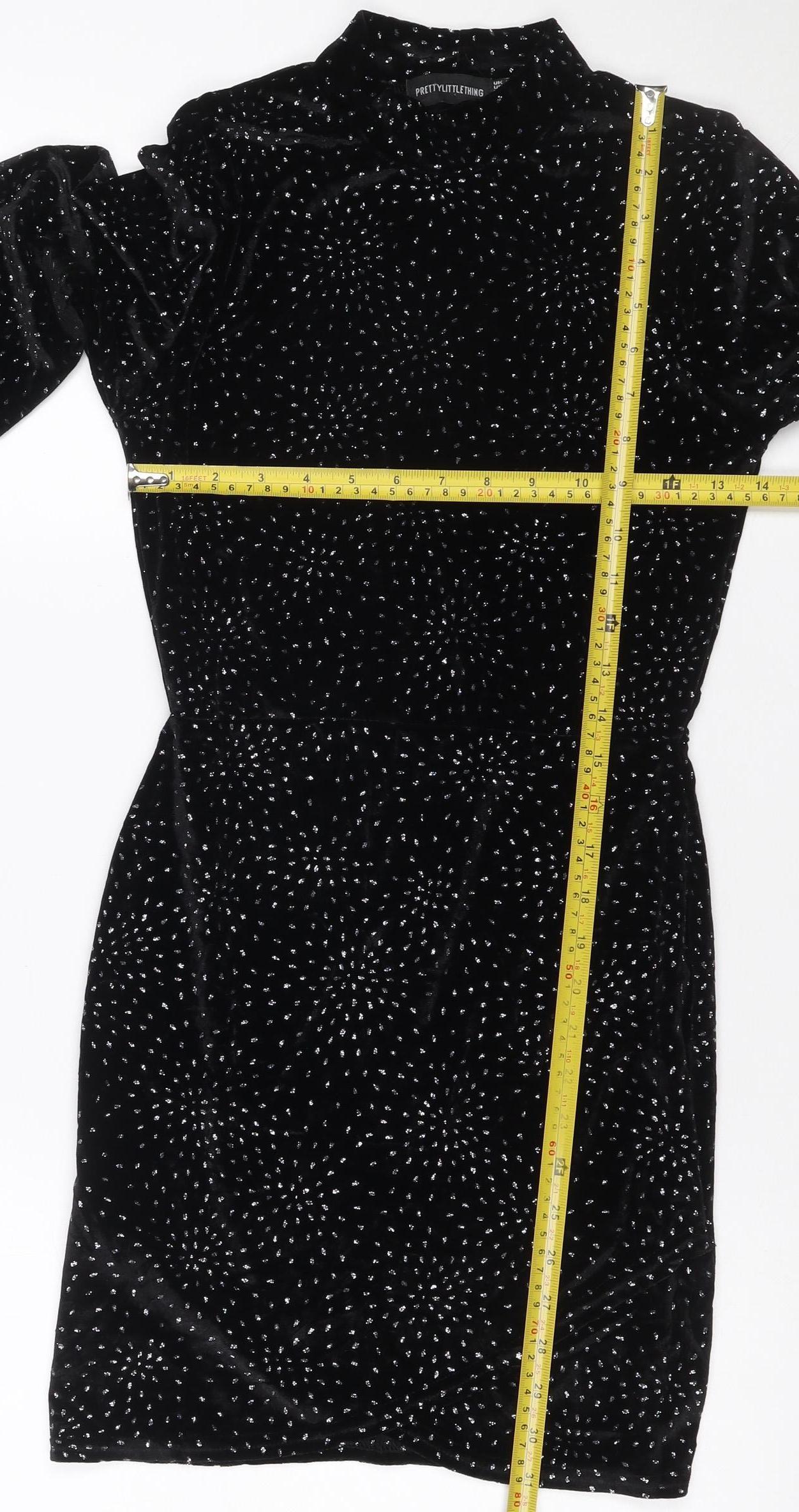 PrettyLittleThing Women Black Silver Glitter Velvet Bodycon Mini Dress UK 10
