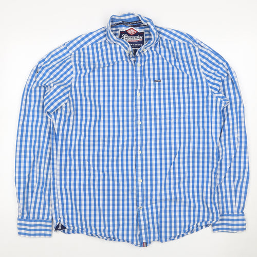 Superdry Men’s Blue Check Button-Down Cotton Shirt 2XL Long Sleeve