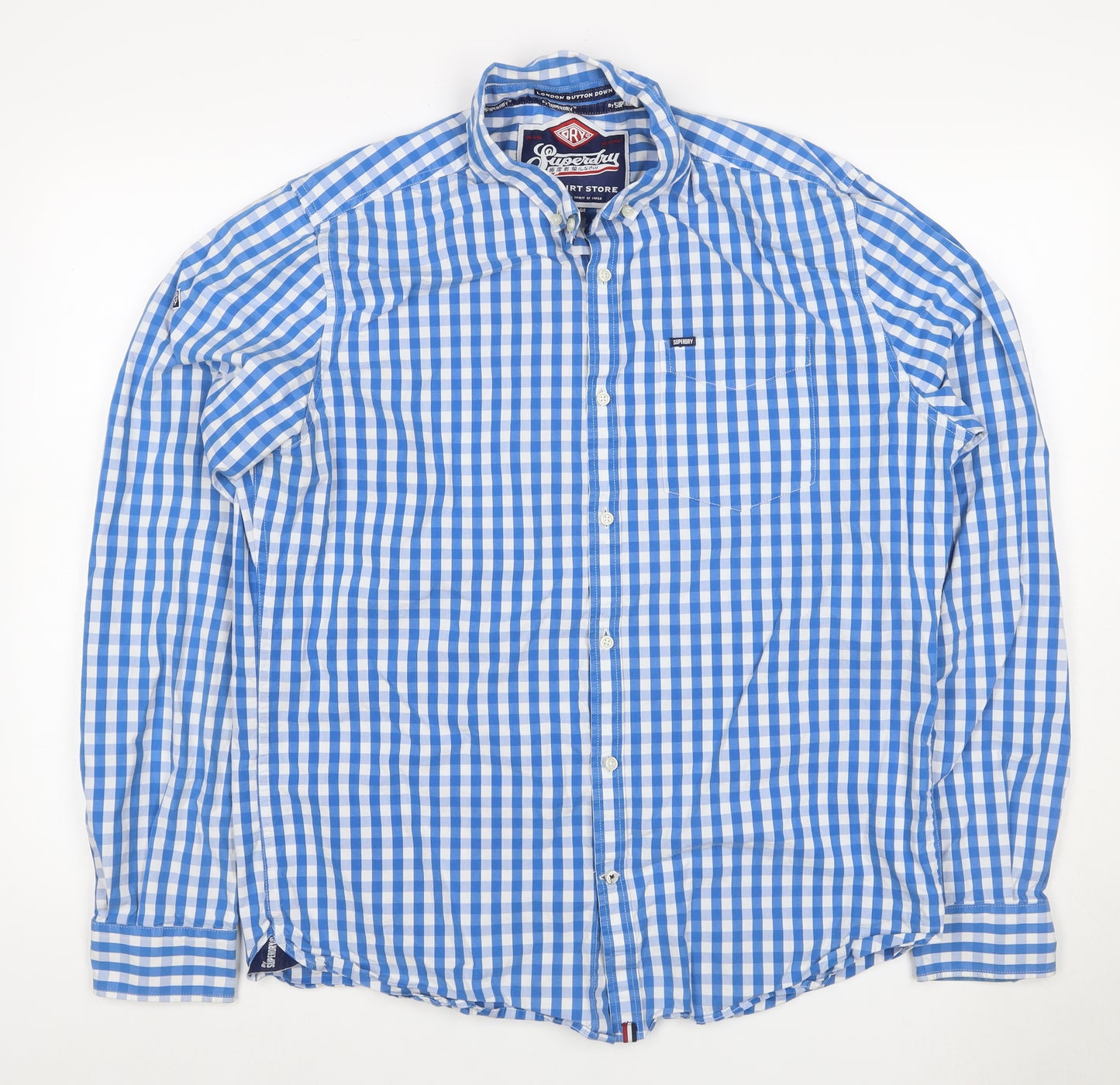 Superdry Men’s Blue Check Button-Down Cotton Shirt 2XL Long Sleeve