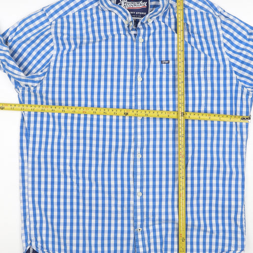 Superdry Men’s Blue Check Button-Down Cotton Shirt 2XL Long Sleeve