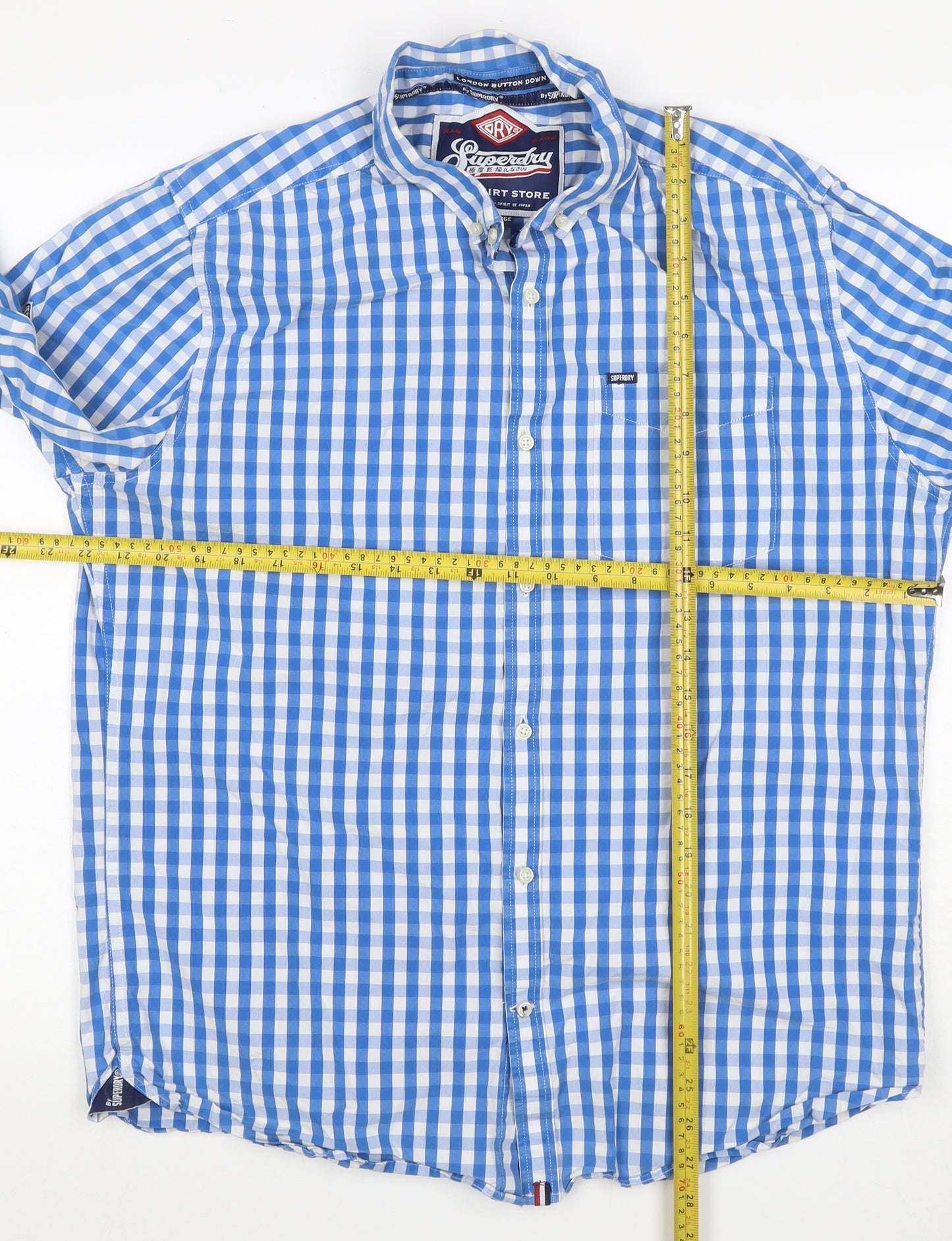 Superdry Men’s Blue Check Button-Down Cotton Shirt 2XL Long Sleeve