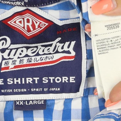 Superdry Men’s Blue Check Button-Down Cotton Shirt 2XL Long Sleeve