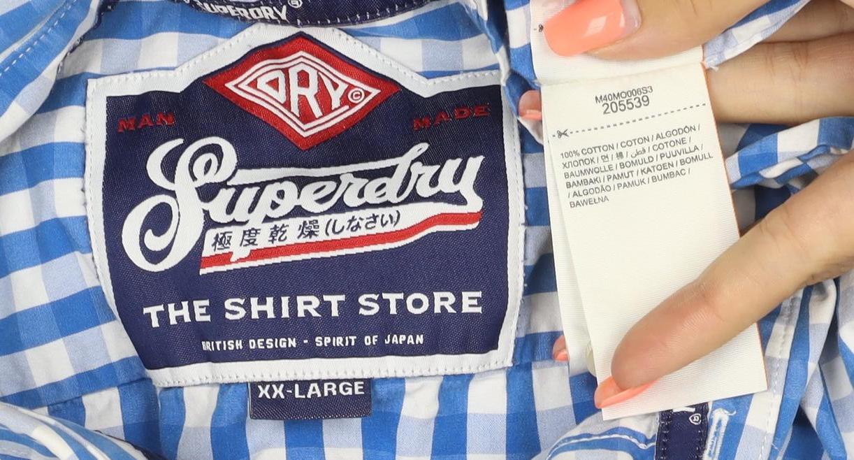 Superdry Men’s Blue Check Button-Down Cotton Shirt 2XL Long Sleeve