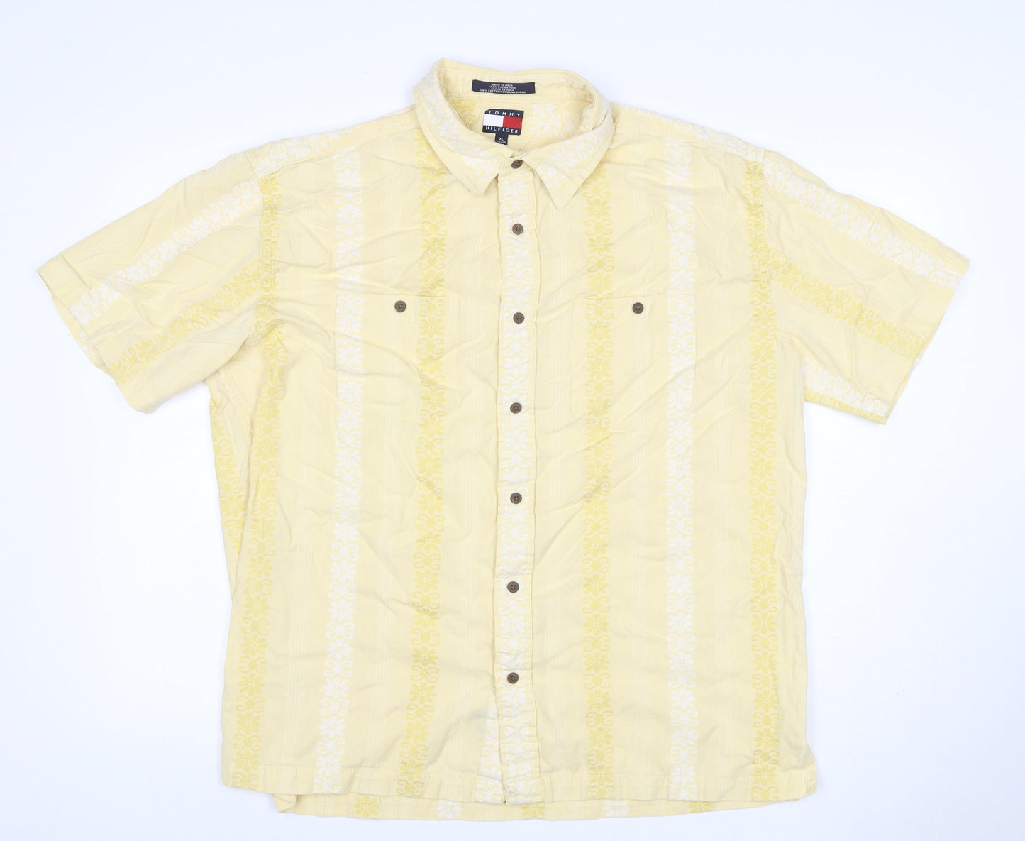 Tommy Hilfiger Men's Yellow XL Floral Short Sleeve Cotton Shirt
