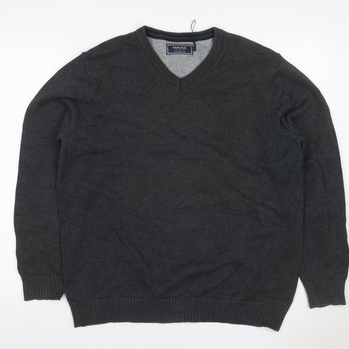 Maine New England Men Grey M V-Neck Cotton Knit Pullover Jumper