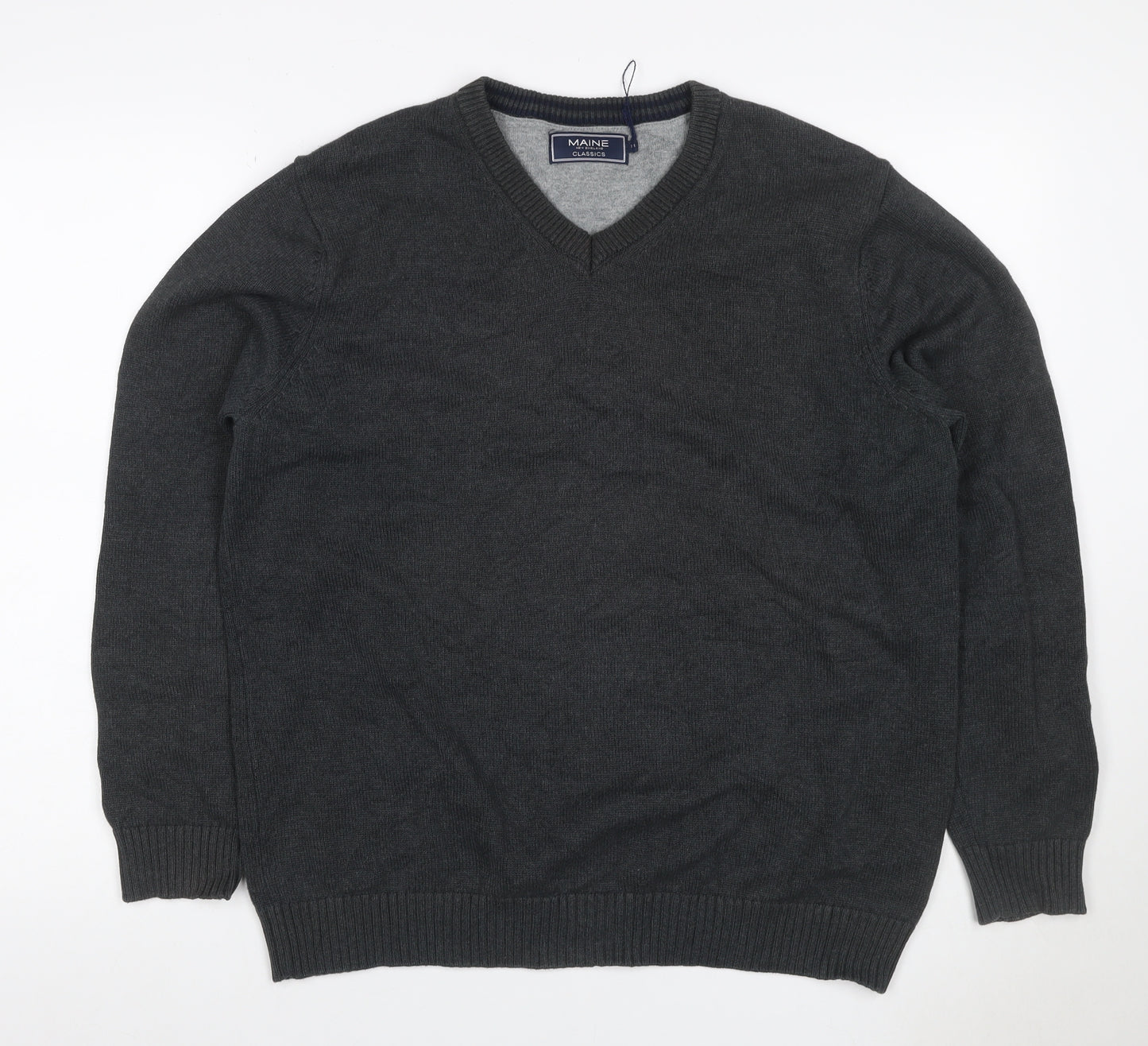 Maine New England Men Grey M V-Neck Cotton Knit Pullover Jumper