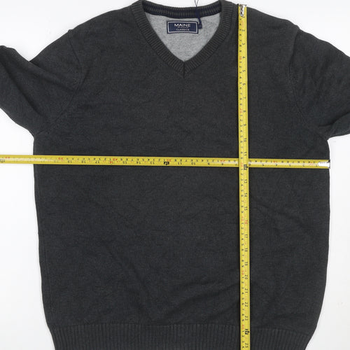 Maine New England Men Grey M V-Neck Cotton Knit Pullover Jumper