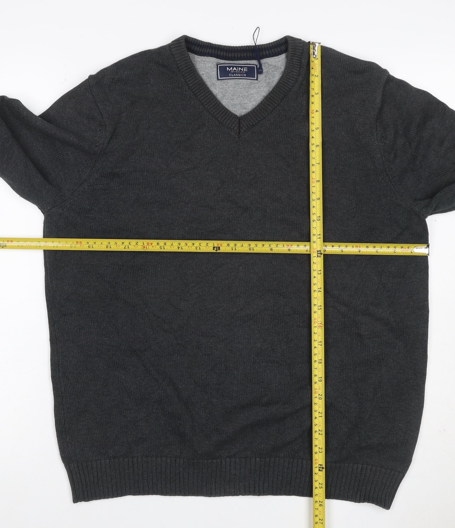 Maine New England Men Grey M V-Neck Cotton Knit Pullover Jumper