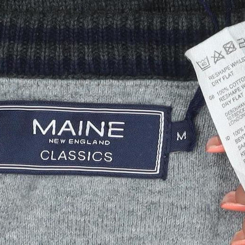 Maine New England Men Grey M V-Neck Cotton Knit Pullover Jumper
