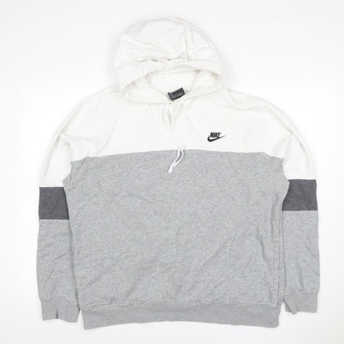 Nike Men's Grey White Colour Block Pullover Hoodie L Logo Pockets