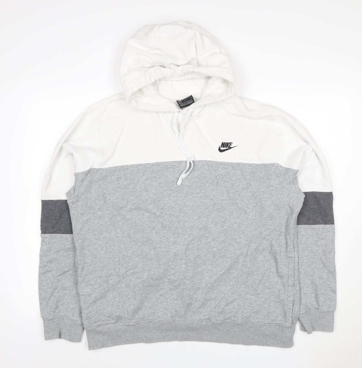 Nike Men's Grey White Colour Block Pullover Hoodie L Logo Pockets