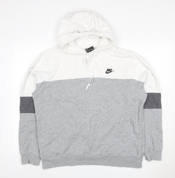 Nike Men's Grey White Colour Block Pullover Hoodie L Logo Pockets