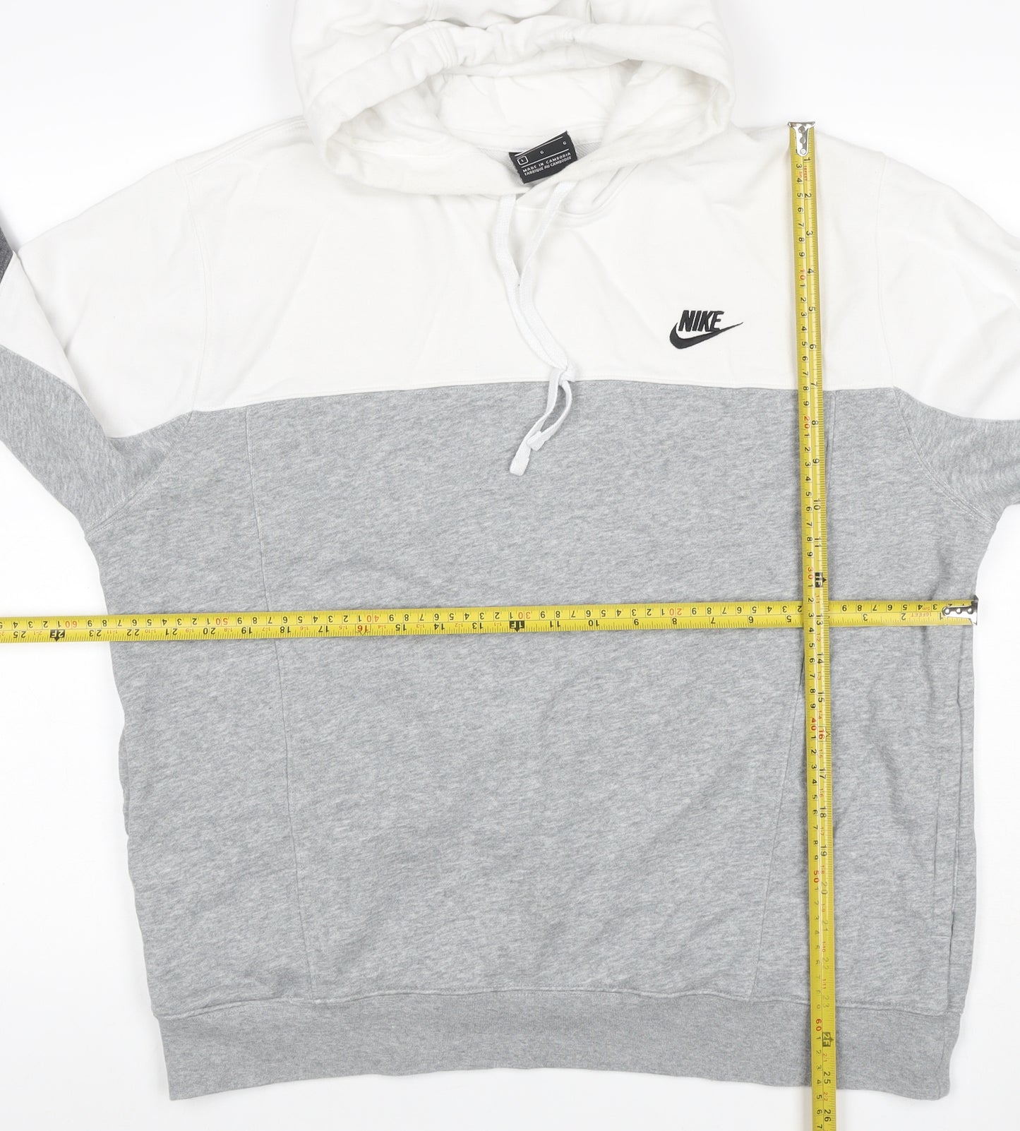 Nike Men's Grey White Colour Block Pullover Hoodie L Logo Pockets