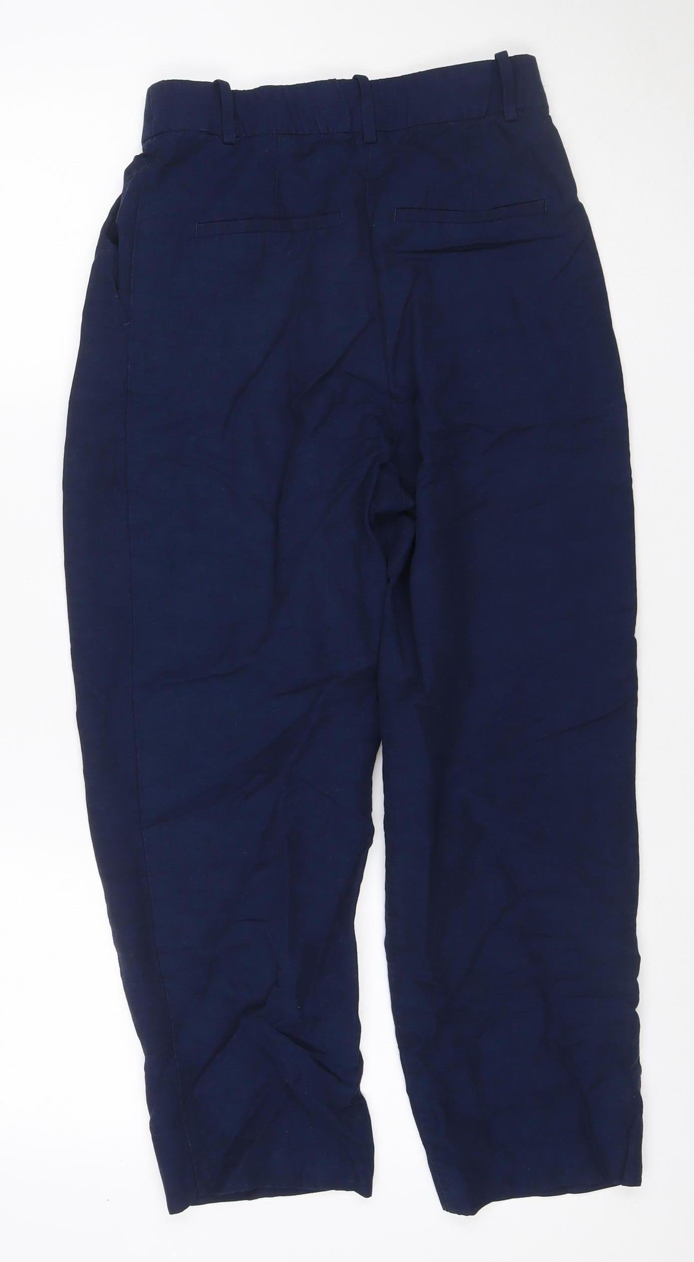 H&M Women’s Navy Blue UK 8 Linen Blend Cropped Straight Trousers