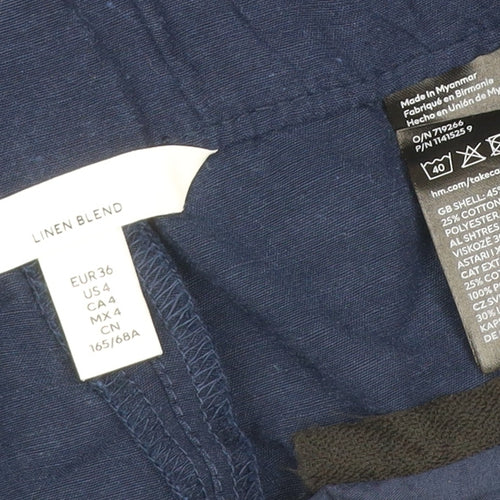 H&M Women’s Navy Blue UK 8 Linen Blend Cropped Straight Trousers