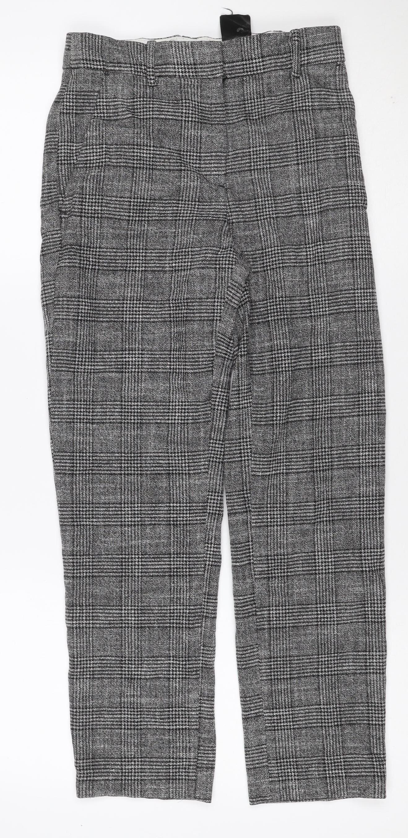 H&M Women Grey Check Tapered Cropped Trousers UK 6 Stretch