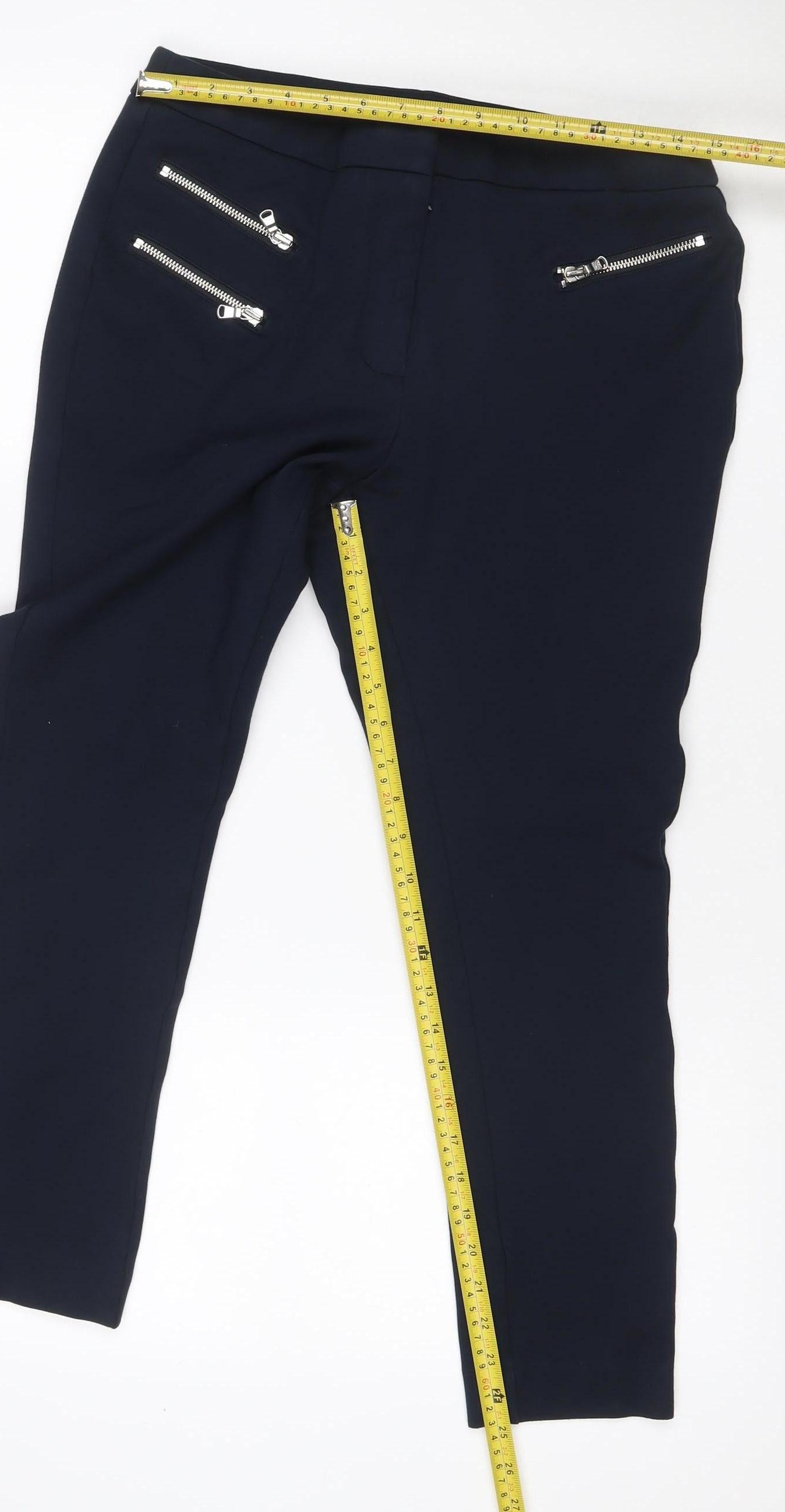 Marks and Spencer Women Black Size 14 Stretch Straight Trousers Zip Pockets