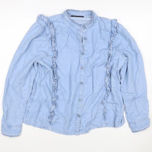 M&S Women Blue Size 16 Lyocell Ruffle Button Blouse Long Sleeve