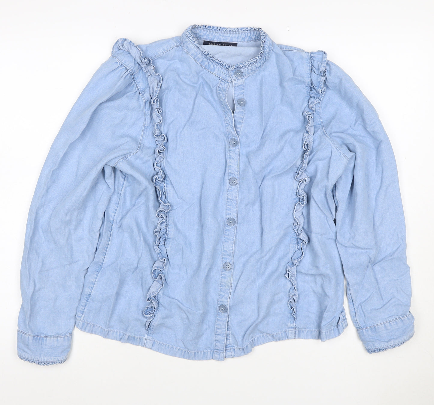 M&S Women Blue Size 16 Lyocell Ruffle Button Blouse Long Sleeve