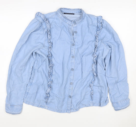 M&S Women Blue Size 16 Lyocell Ruffle Button Blouse Long Sleeve