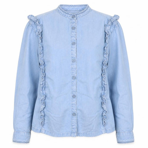 M&S Women Blue Size 16 Lyocell Ruffle Button Blouse Long Sleeve
