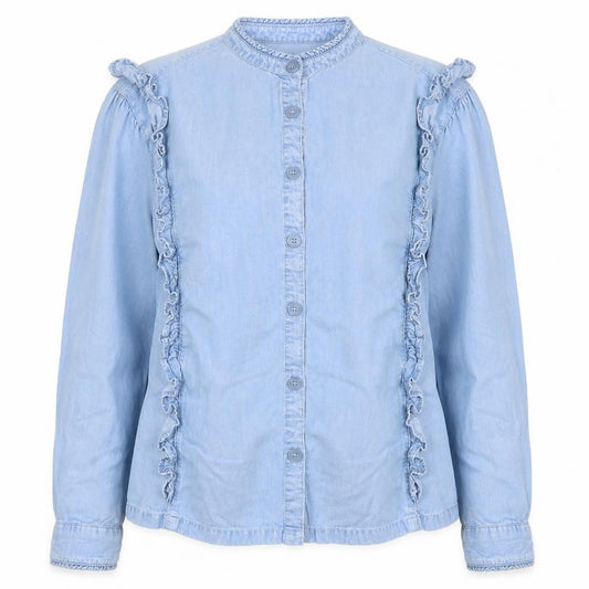 M&S Women Blue Size 16 Lyocell Ruffle Button Blouse Long Sleeve
