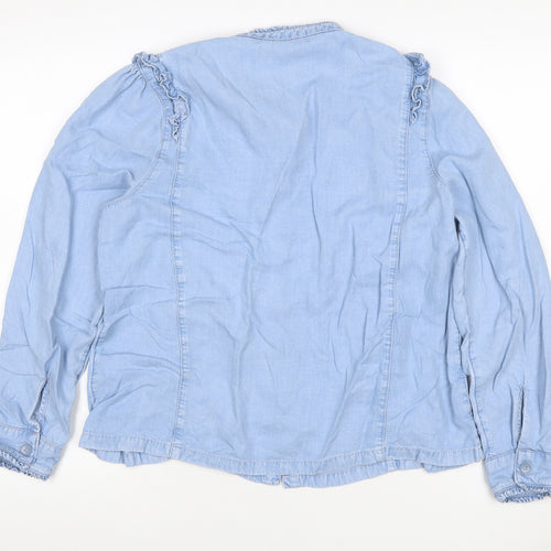 M&S Women Blue Size 16 Lyocell Ruffle Button Blouse Long Sleeve