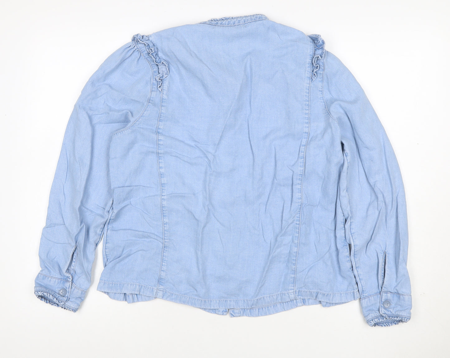 M&S Women Blue Size 16 Lyocell Ruffle Button Blouse Long Sleeve