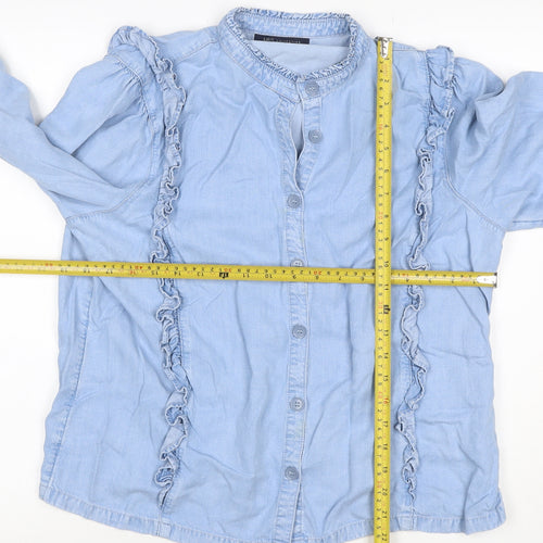 M&S Women Blue Size 16 Lyocell Ruffle Button Blouse Long Sleeve