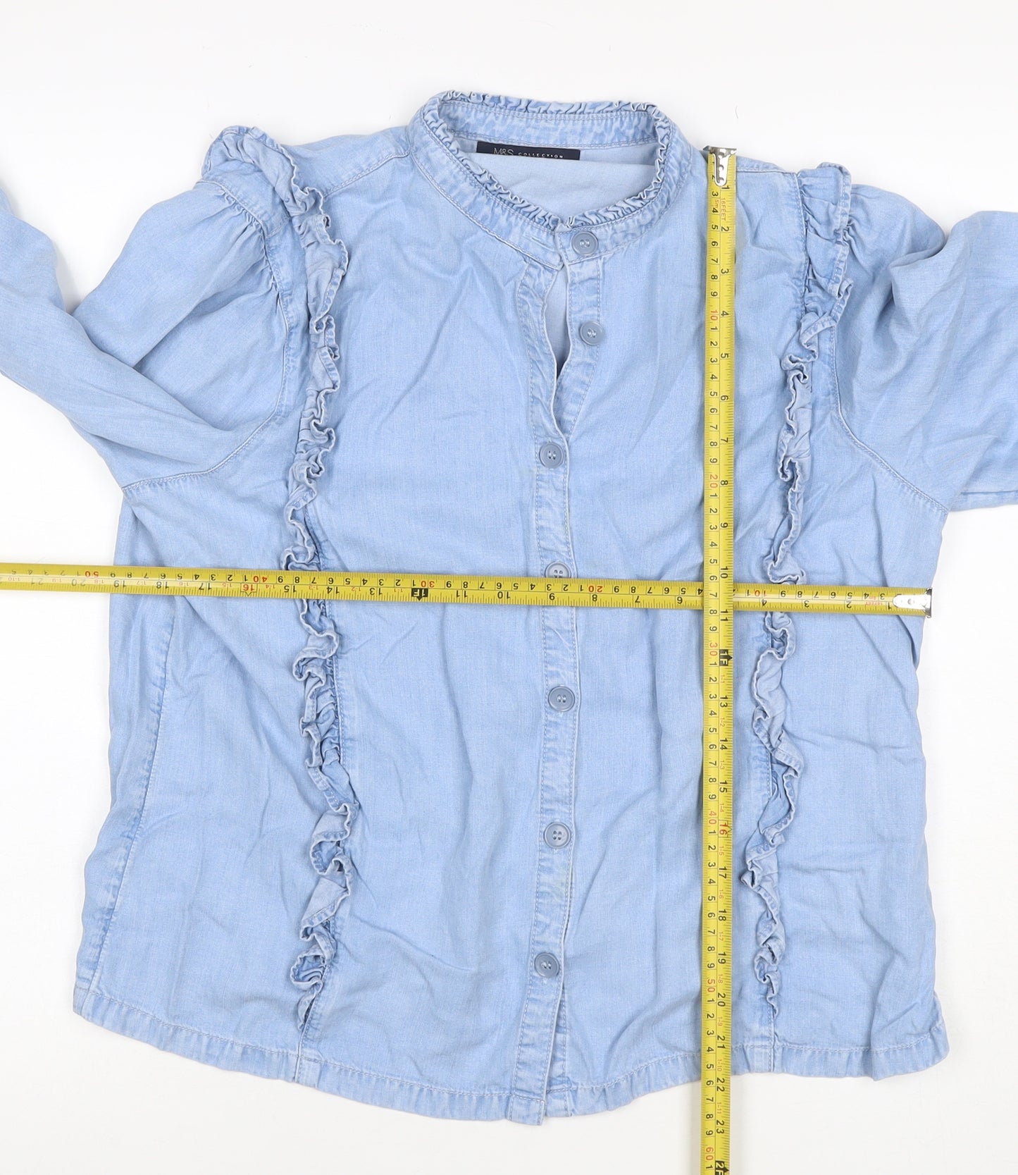 M&S Women Blue Size 16 Lyocell Ruffle Button Blouse Long Sleeve