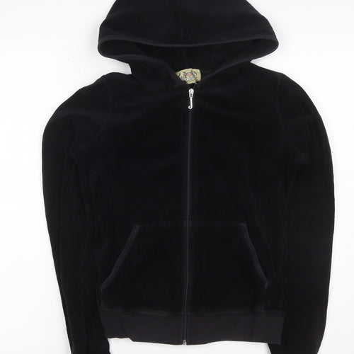 Juicy Couture Women Black M Velour Full Zip Hooded Hoodie