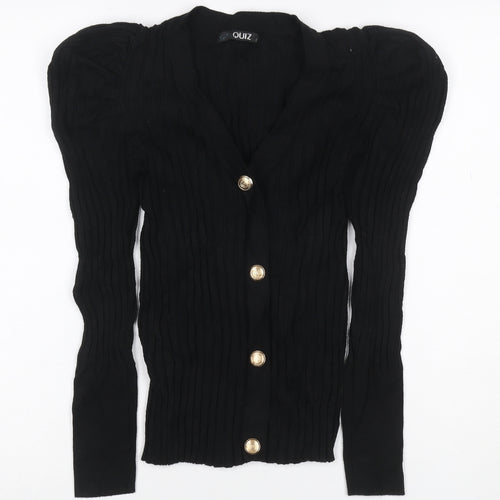 Quiz Women Black S Cable Knit Gold Button V-Neck Cardigan
