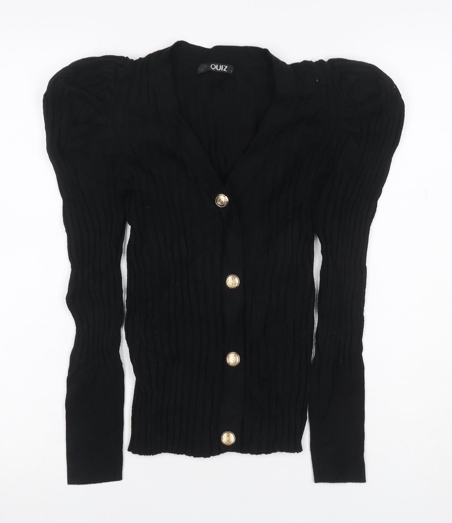 Quiz Women Black S Cable Knit Gold Button V-Neck Cardigan