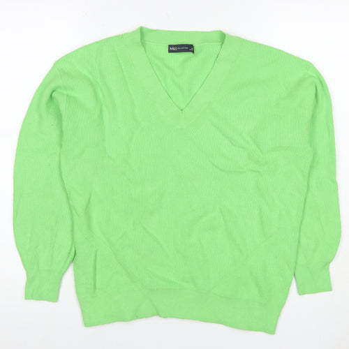 Marks and Spencer Women Green M V-Neck Ribbed Knit Long Sleeve Jumper